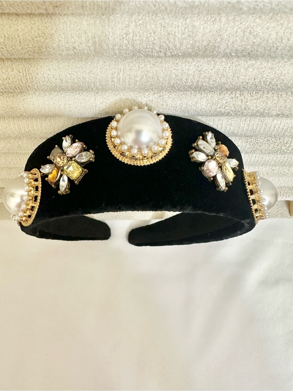 Handmade Chunky Embellished Black Velvet Pearl & Crystal Headband